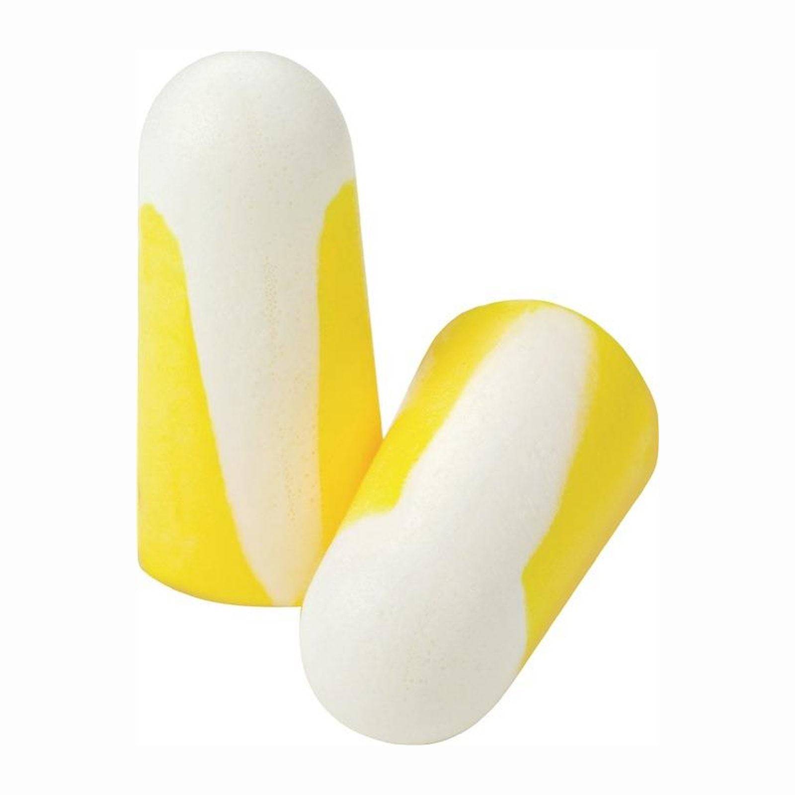 Gelbe und weiße Schaumstoff-Ohrstöpsel zur Lärmreduzierung.