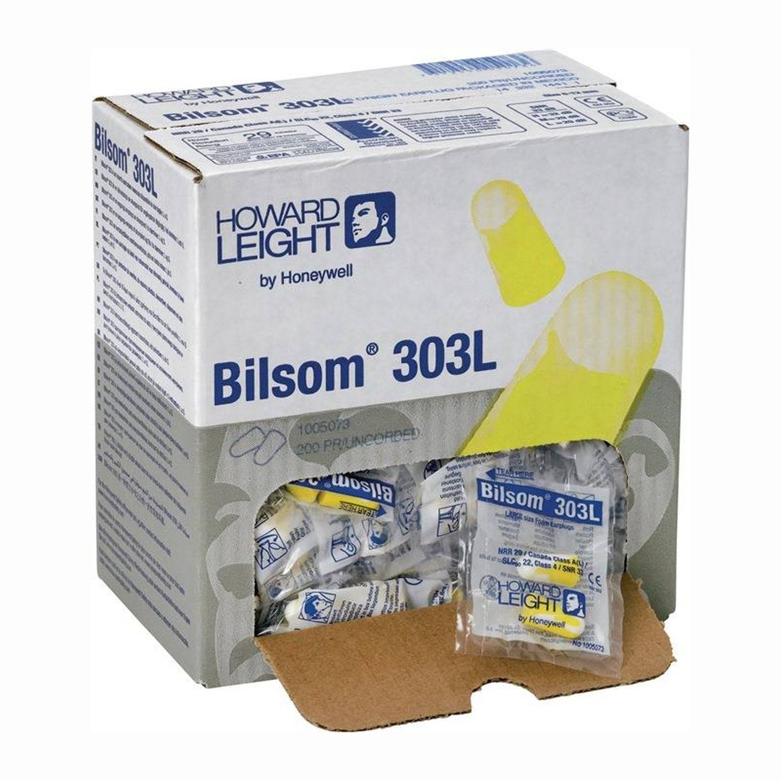 Verpackung der 'Bilsom 303L' Ohrstöpsel von Howard Leight, geöffnet, mit einzeln verpackten Ohrstöpseln. Verpackung zeigt Ohrstöpsel-Diagramm.