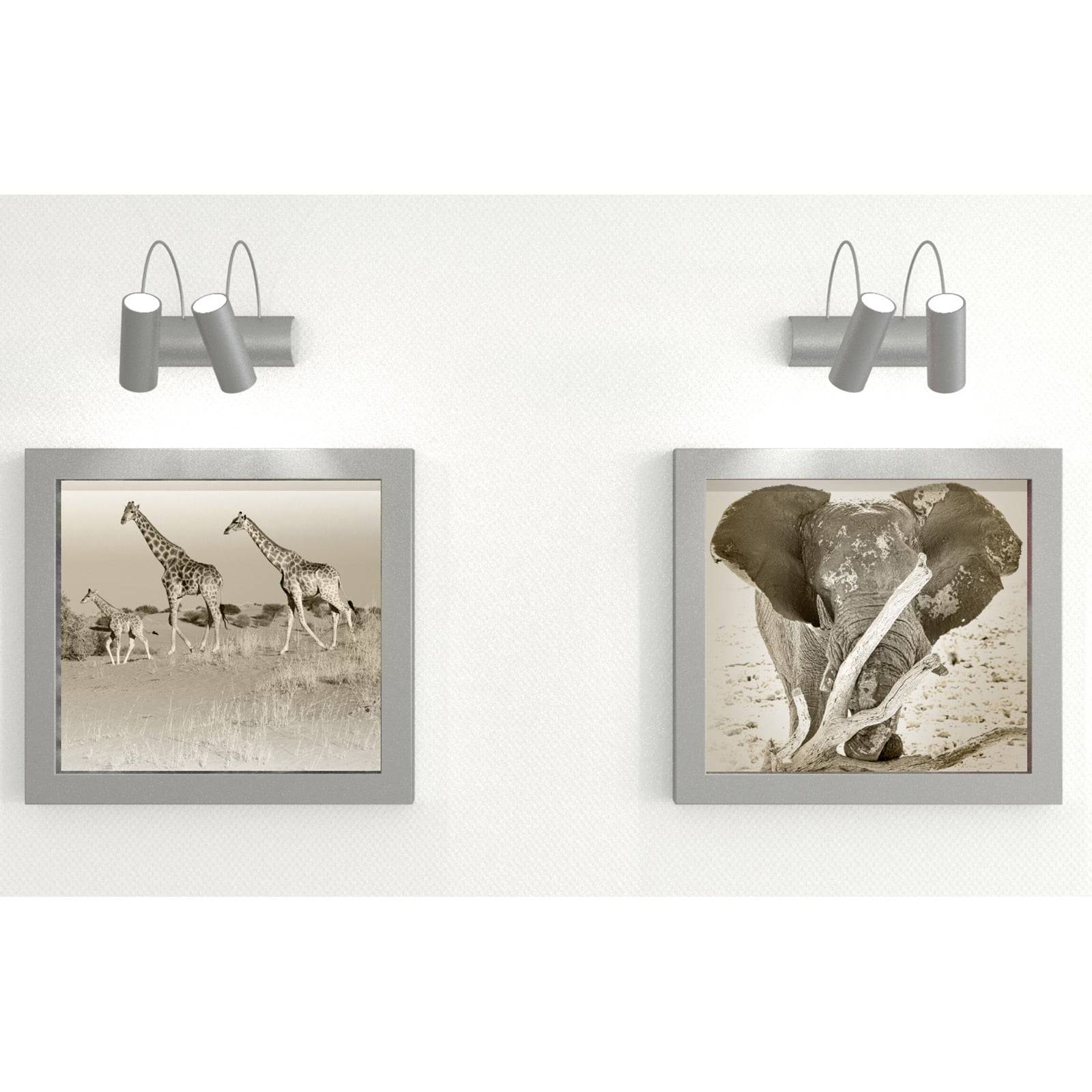Zwei gerahmte Schwarzweißfotos an einer Wand: links Giraffen in einer Graaslandschaft, rechts ein Elefant, der läuft, unter Deckenbeleuchtung.