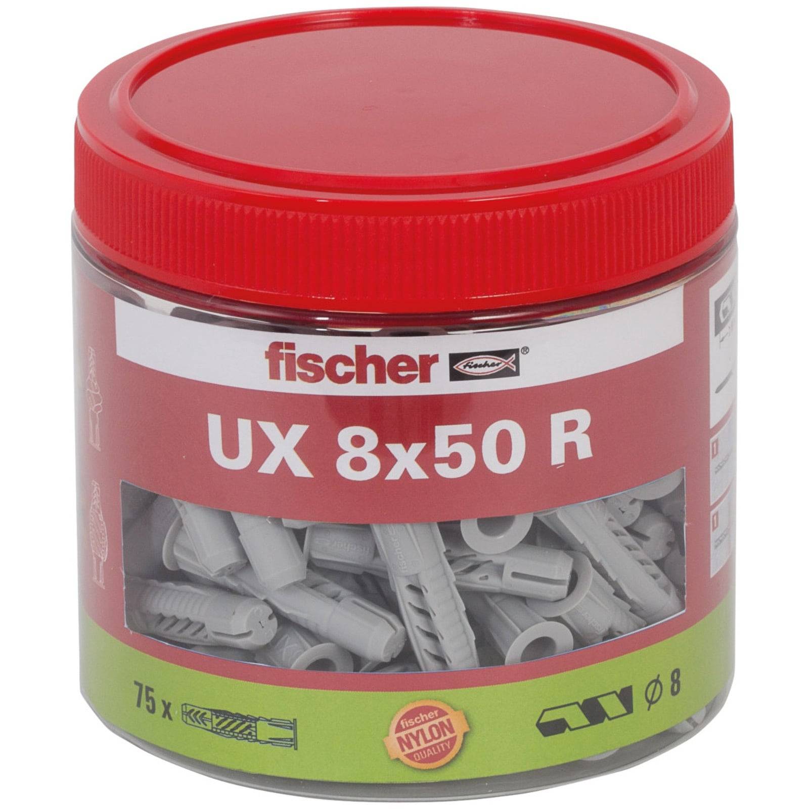 Behälter mit Fischer UX 8x50 R Dübeln, 75 Stück. Roter Deckel, graue Dübel im Inneren. Verwendet zum Befestigen von Gegenständen an Wänden.