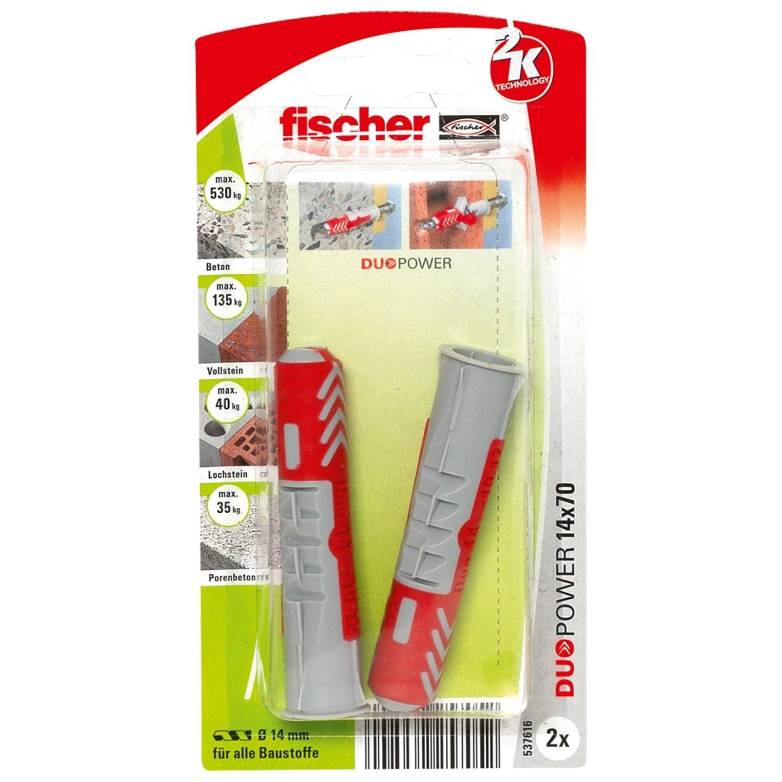 Fischer DUOPOWER 14x70 Dübel-Packung, mit Zweikomponenten-Technologie für verschiedene Materialien, mit einer Tragfähigkeit von bis zu 530 kg.