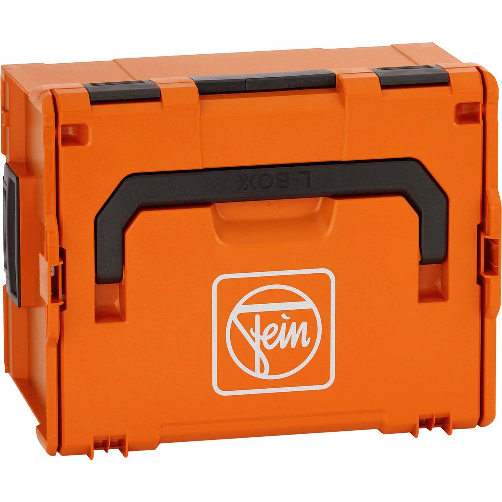 Eine orangefarbene Werkzeugkiste mit einem Griff, auf der vorne das Wort 'Fein' und ein weißes Kreislogo aufgedruckt sind.