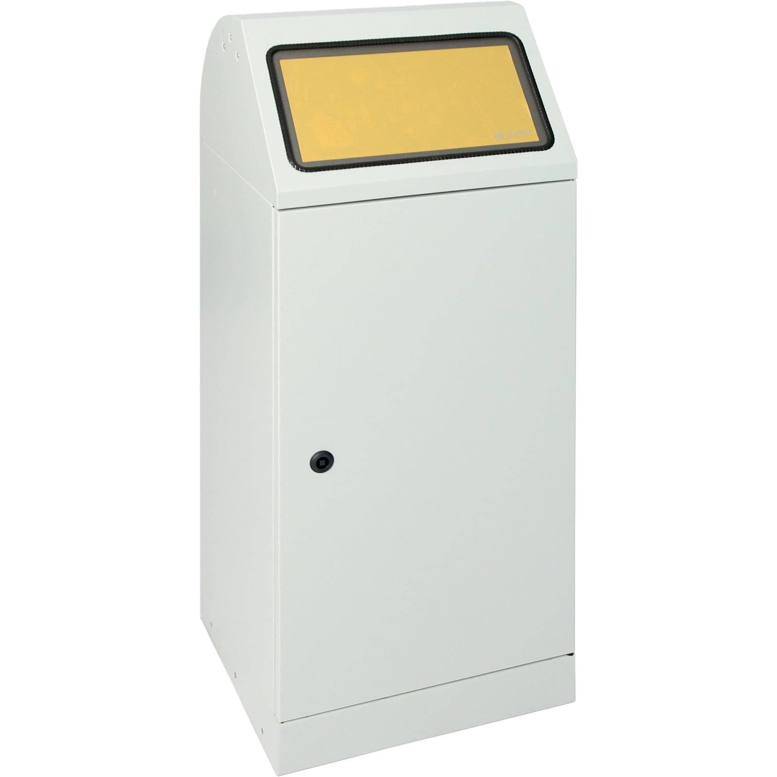 Ein hoher, hellgrauer, rechteckiger Metallbehälter mit einer schräg abfallenden Oberseite und einem kleinen schwarzen Schlüsselloch an der Vorderseite.