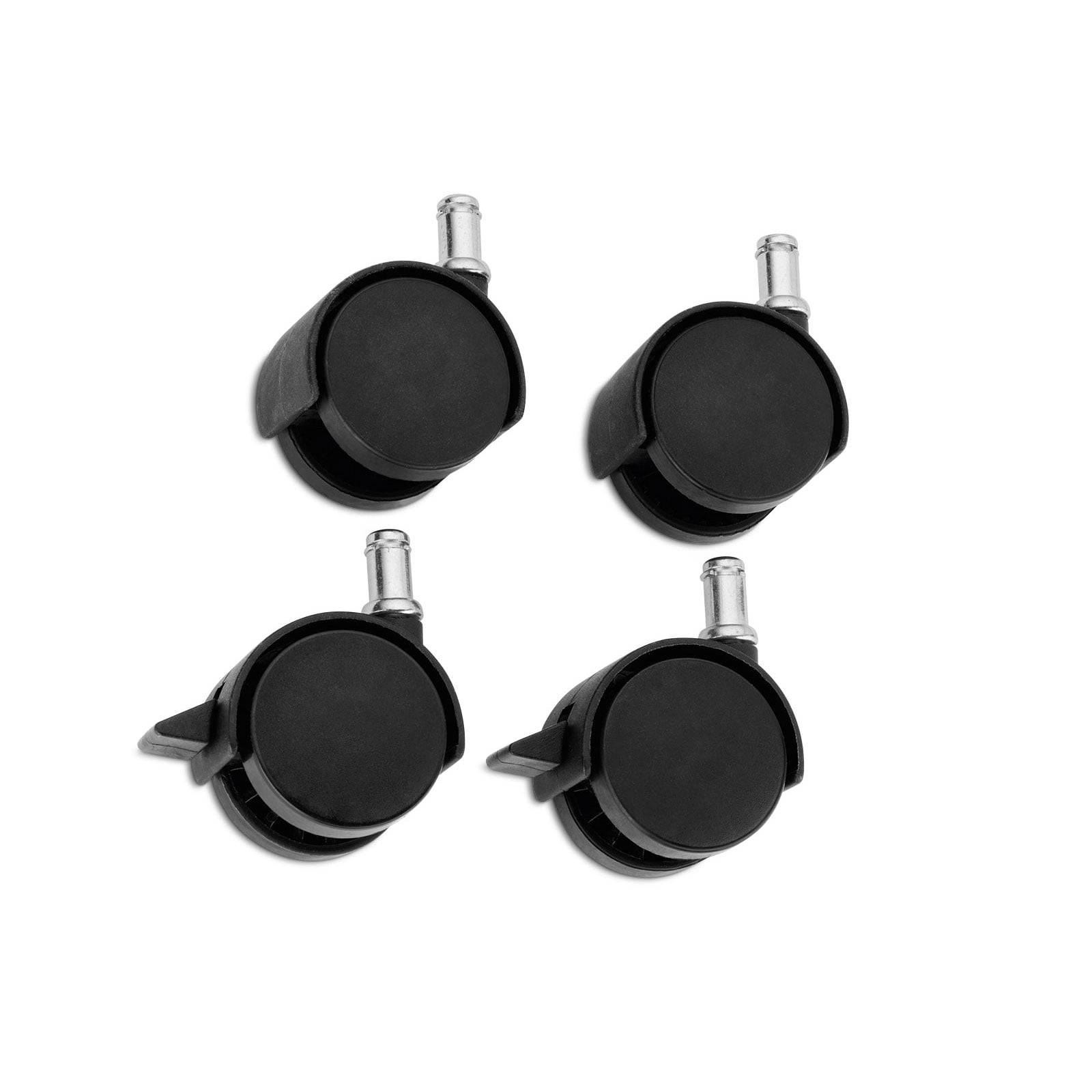 Vier schwarze Lenkrollen mit Metallstämmen in einer quadratischen Anordnung auf weißem Hintergrund.