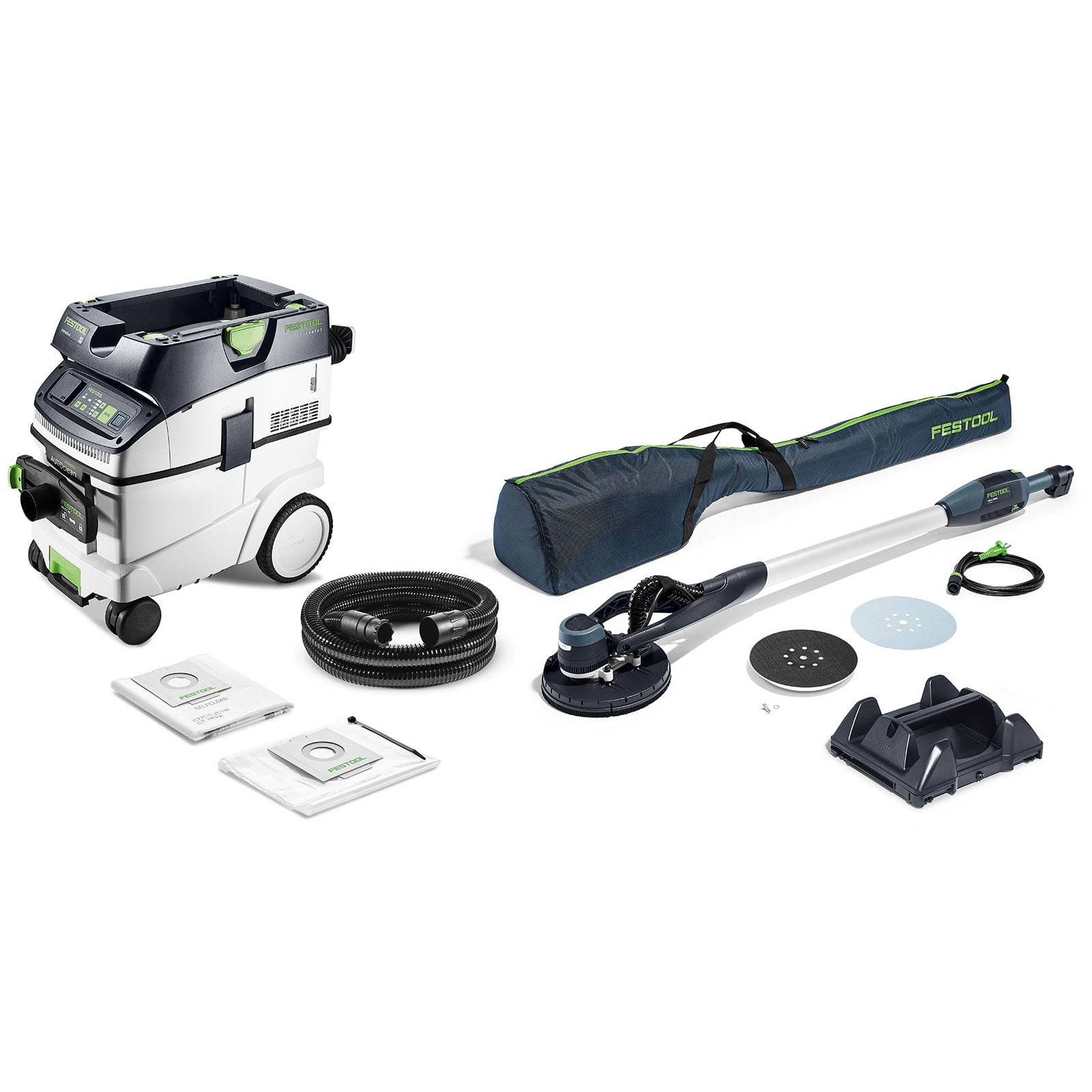 Festool Planex LHS 2 225' Trockenbauschleifer, Absaugsystem, Schlauch, Tragetasche und Zubehör werden auf einem weißen Hintergrund präsentiert.