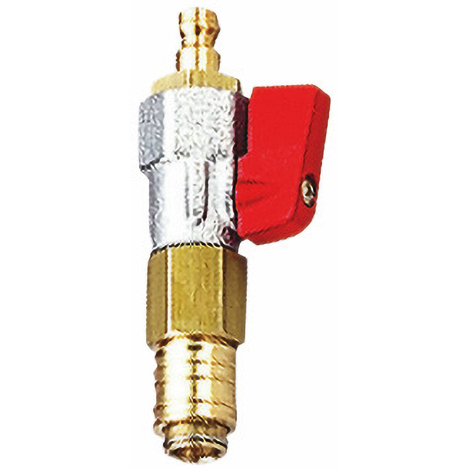 Ein Metallventil mit einem roten Hebelgriff, das in der Klempnerei oder bei Gasanschlüssen häufig verwendet wird, wird vor einem weißen Hintergrund gezeigt.