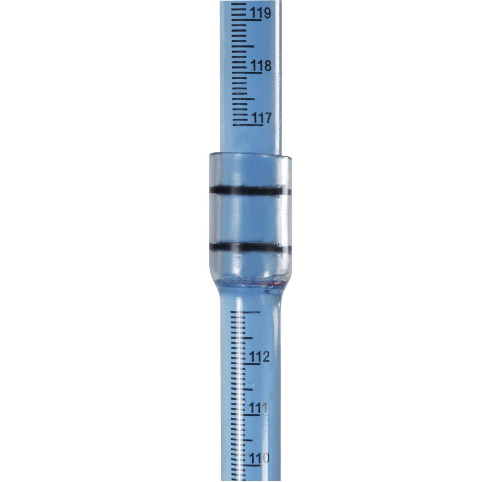 Eine Nahaufnahme eines blauen Thermometers, das eine Temperaturanzeige von ungefähr 117 Grad zeigt.