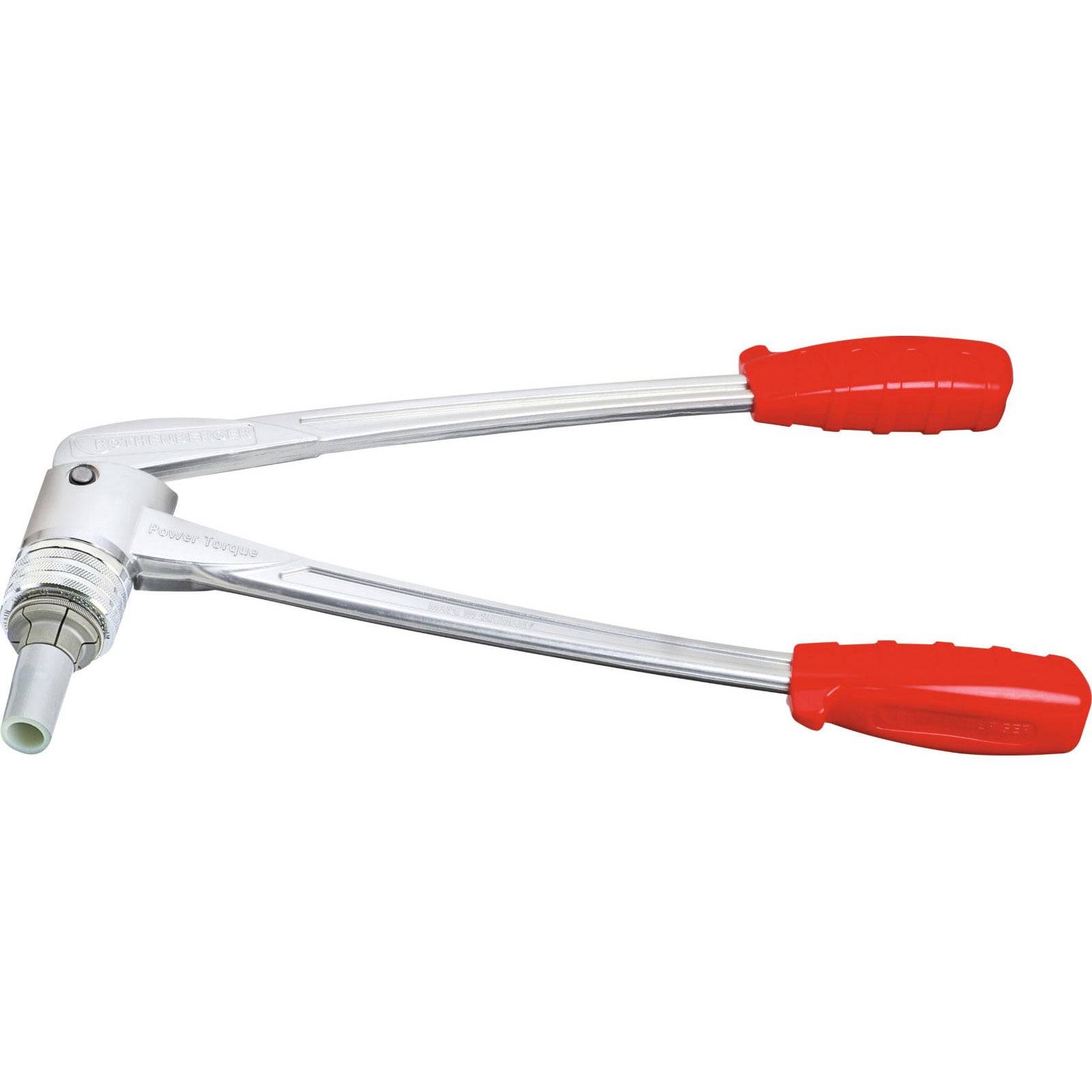 Pex-Rohrcrimpzange mit langen Metallarmen und roten Gummigriffstücken, verwendet zum Sichern von Verbindungen in Installationsarbeiten der Sanitärtechnik.