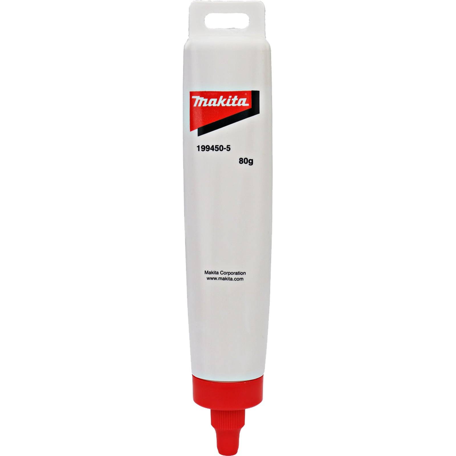 Makita Fettppatrone, gekennzeichnet mit '199450-5, 80g', speziell für den Einsatz in Elektrowerkzeugen entwickelt; ausgestattet mit einem roten Deckel und Ausgabemechanismus.