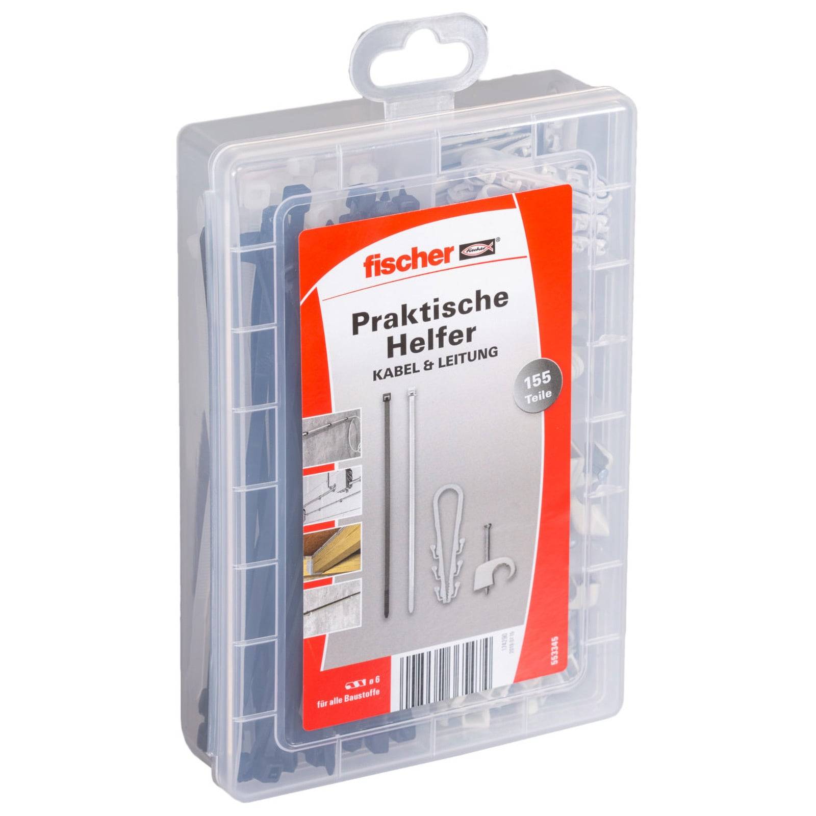 Plastikkoffer mit einem 'fischer' Set mit dem Titel 'Praktische Helfer Kabel & Leitung', ausgestattet mit 155 verschiedenen Kabel- und Leitungszubehörteilen.