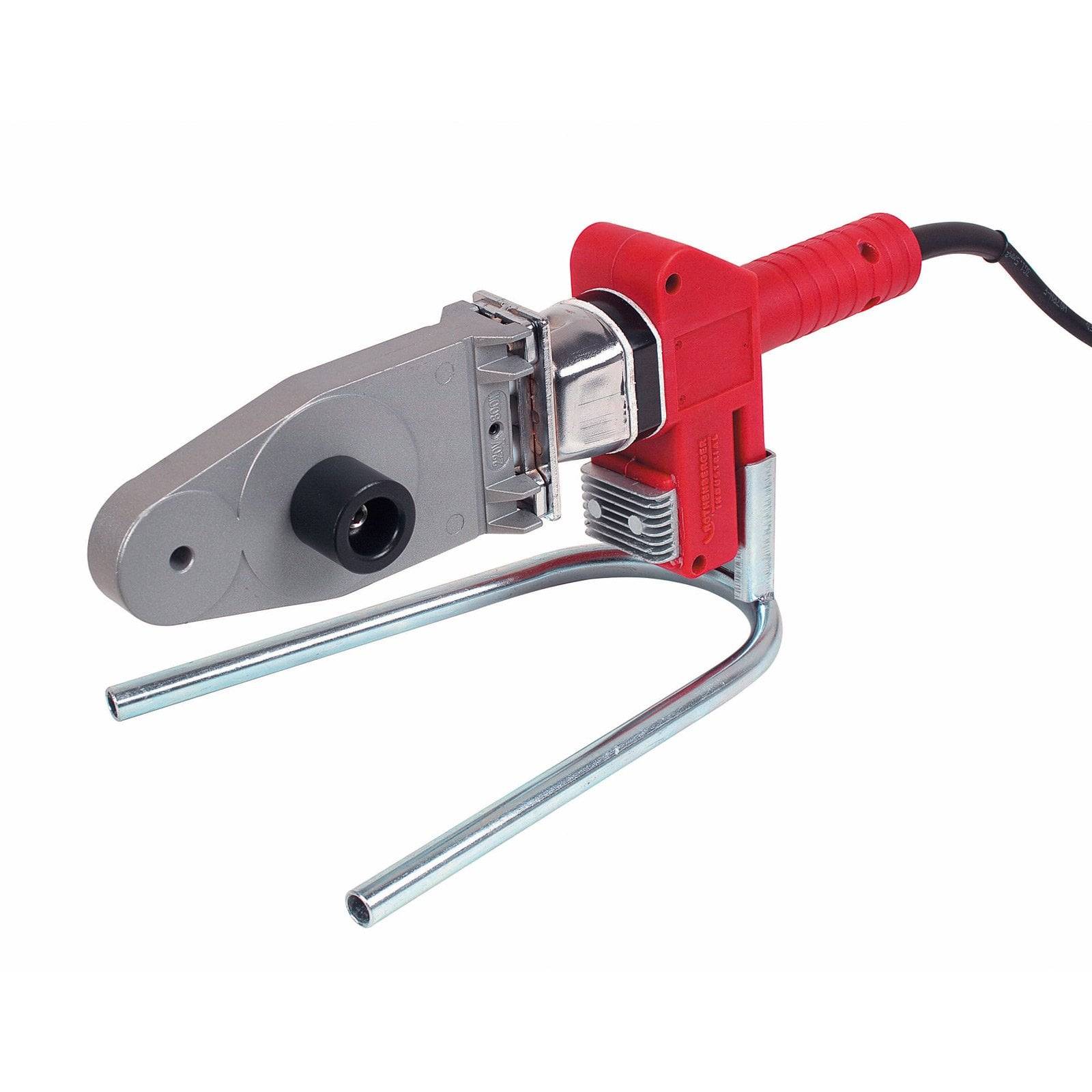 Eine rote, tragbare Schweißmaschine mit einem metallischen Heizelement und Ständer, die zum Verbinden von Kunststoffrohren verwendet wird.