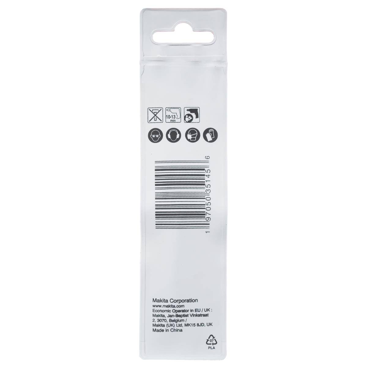 Rückansicht einer schlanken weißen Kunststoff-Einzelhandelsverpackung mit Aufhängelaschen, Pflegesymbolen, Barcode und kleinem Herstellertext.