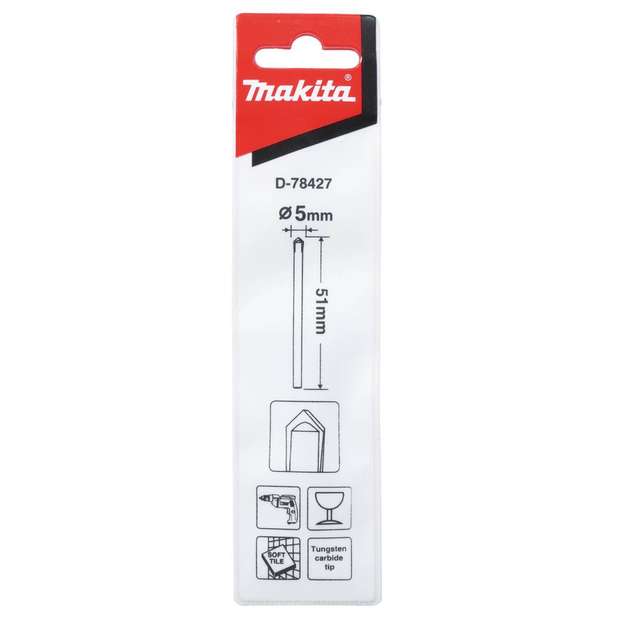 Makita D-78427 Bohrbit 5mm x 51mm mit Hartmetallspitze, frontal auf weißem Hintergrund abgebildet.