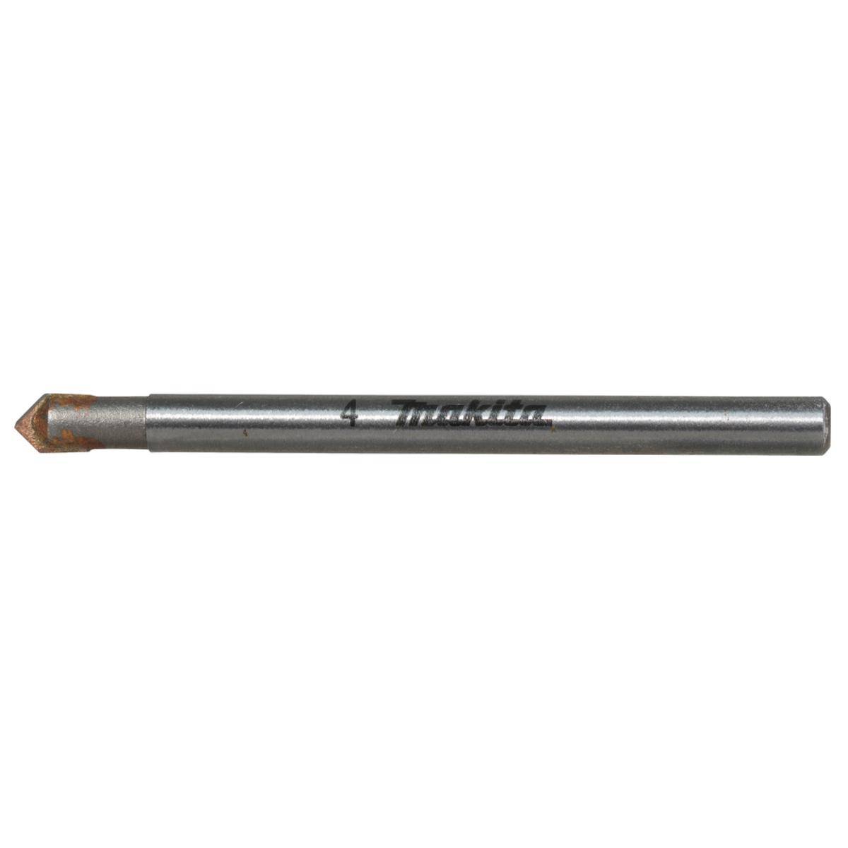 Nahaufnahme eines Makita-Bohrers mit 4 mm Durchmesser mit einer spitzen Metallspitze auf weißem Hintergrund.