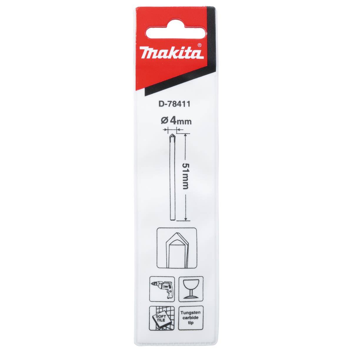 Makita D-78411 4 mm, 51 mm Werkzeugbit in Einzelhandelsverpackung mit Symbolen für die Verwendung bei weichen Fliesen und Hartmetallspitze.