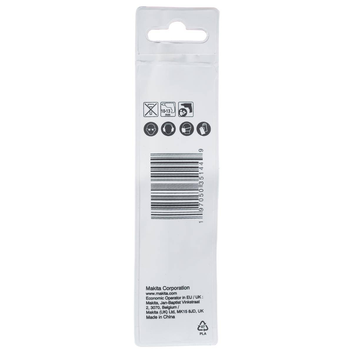 Weiße Kunststoff-Hängeverpackung für den Einzelhandel mit Barcode, Pflegesymbolen und Makita Corporation-Produkttext.