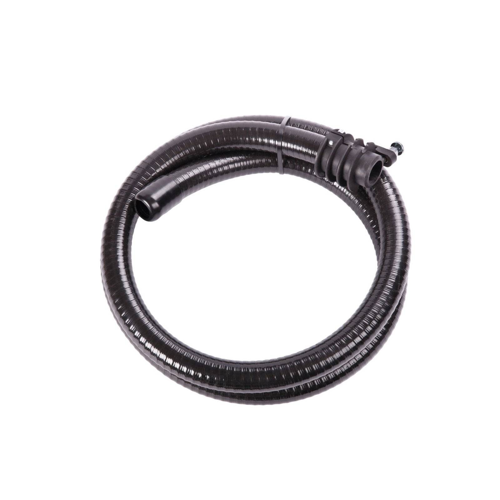 Ein gewickelter schwarzer Schlauch mit glatter Oberfläche, geeignet für Flüssigkeitsübertragung oder Vakuumsysteme, vor einem einfarbigen weißen Hintergrund.