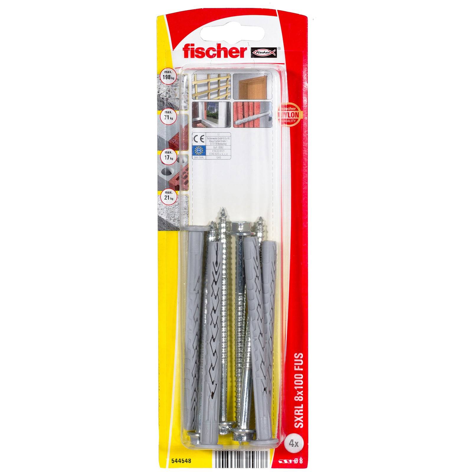 Ein Paket mit vier Fischer Dübeln, gekennzeichnet mit 'SXRL 8x100 FUS', entwickelt zur Verwendung in Beton, Ziegel und Stein, die eine starke Befestigung bieten.
