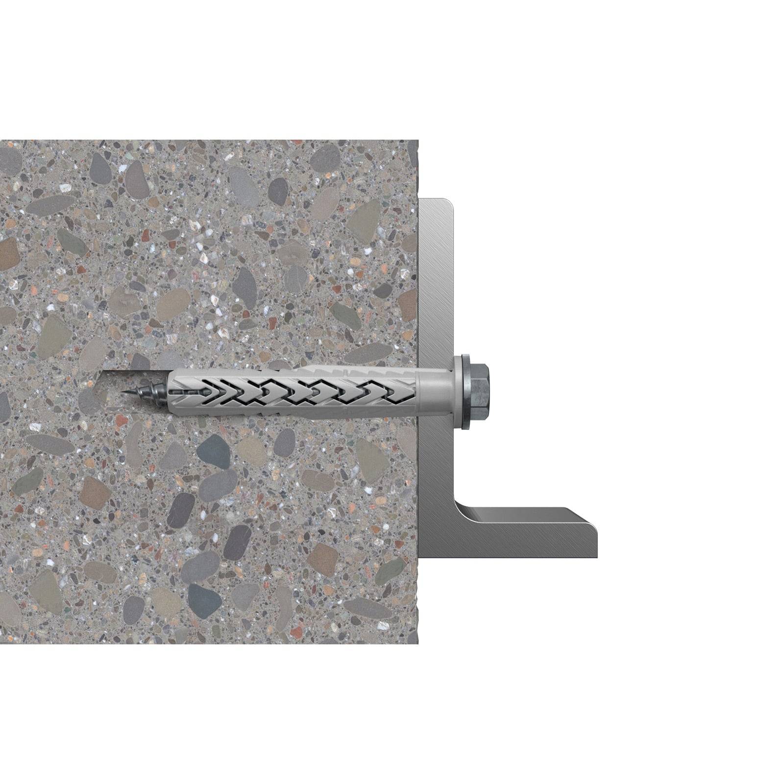 Querschnittsillustration eines Dübels, der in eine Betonwand eingesetzt wird. Der Dübel ist expandiert und sichert eine Metallhalterung an der Oberfläche.
