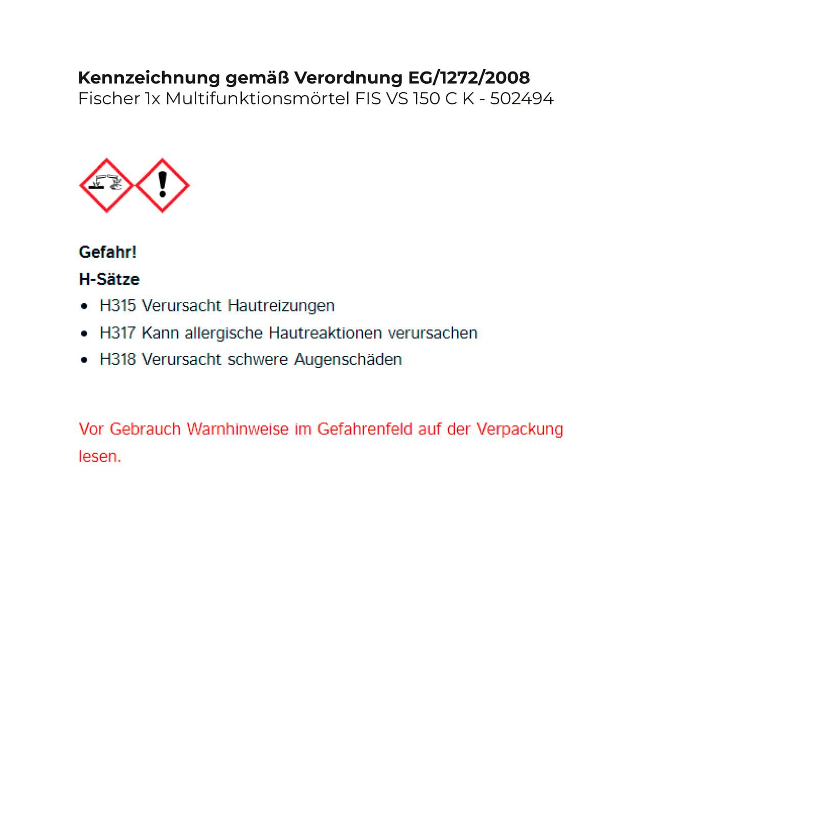 Eine Warnkennzeichnung mit Gefahrensymbolen. Texthinweise zu Risiken: 'H315 Verursacht Hautreizungen,' 'H317 Kann allergische Hautreaktionen verursachen,' 'H318 Verursacht schwere Augenschäden.