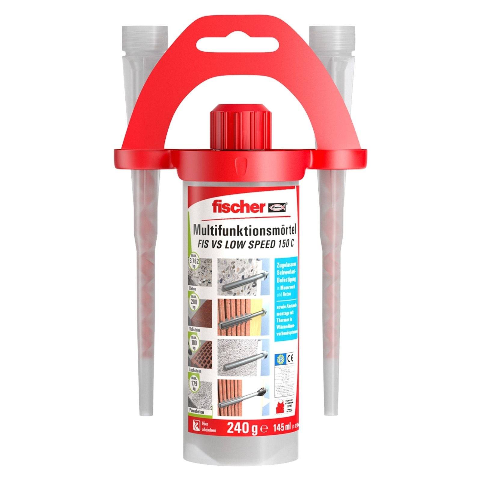 Ein roter und grauer Behälter mit Fischer 'Multifunktionsmörtel FIS VS LOW SPEED' Klebstoff, versehen mit beschrifteten Gebrauchsanweisungen für Beton und Ziegel.