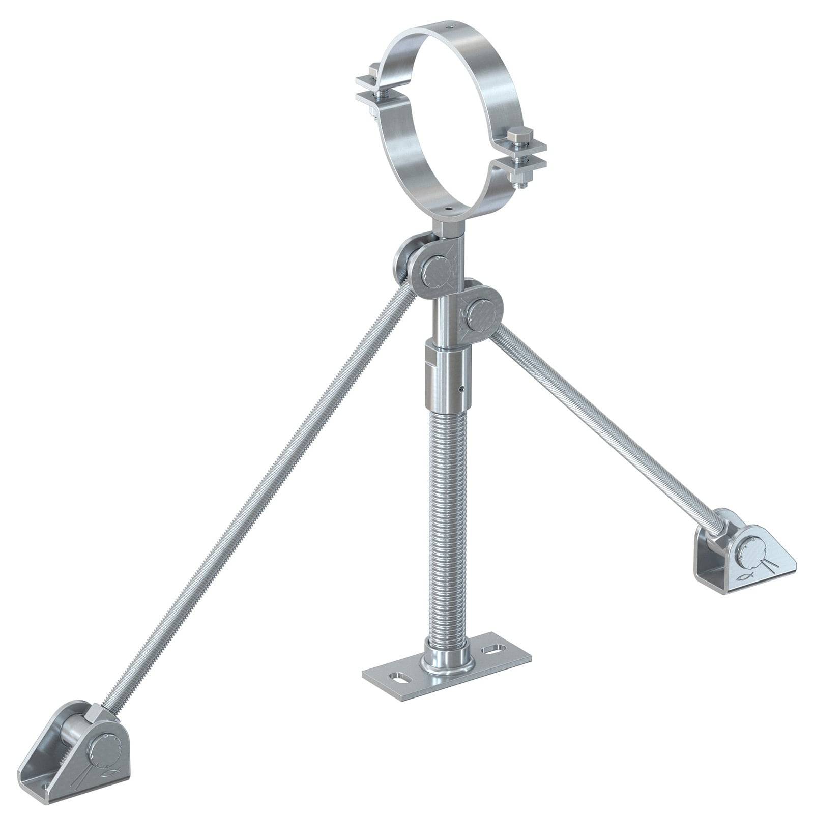 Metallrohrständer mit einer kreisförmigen Klemmvorrichtung, verstellbarer zentraler Stütze und zwei stabilisierenden Armen, verwendet zum Sichern von Rohren.