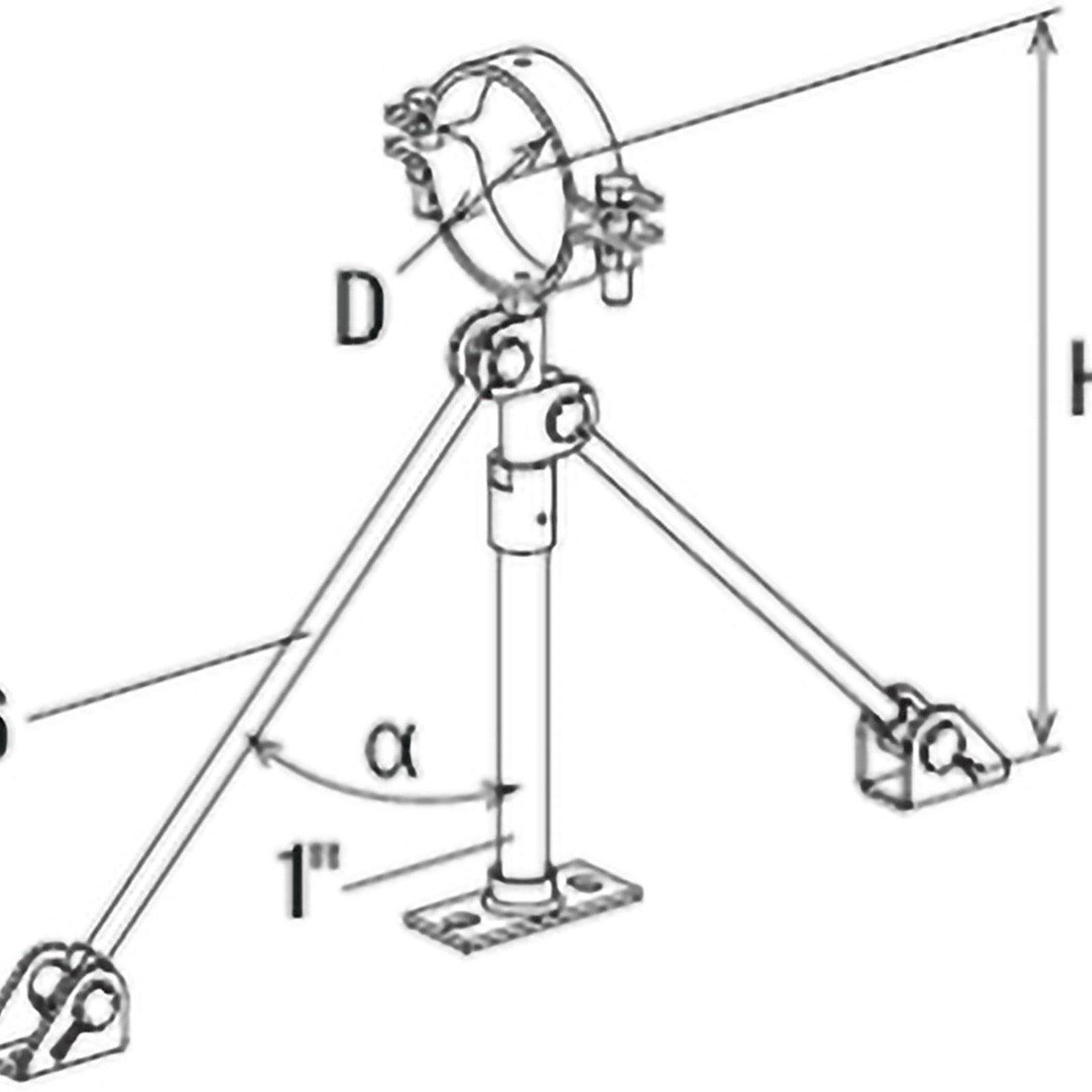 Diagramm einer mechanischen Stützstruktur mit beschrifteten Teilen: 'D', 'S', Höhe 'H', Winkel 'α' und einer Notiz '1