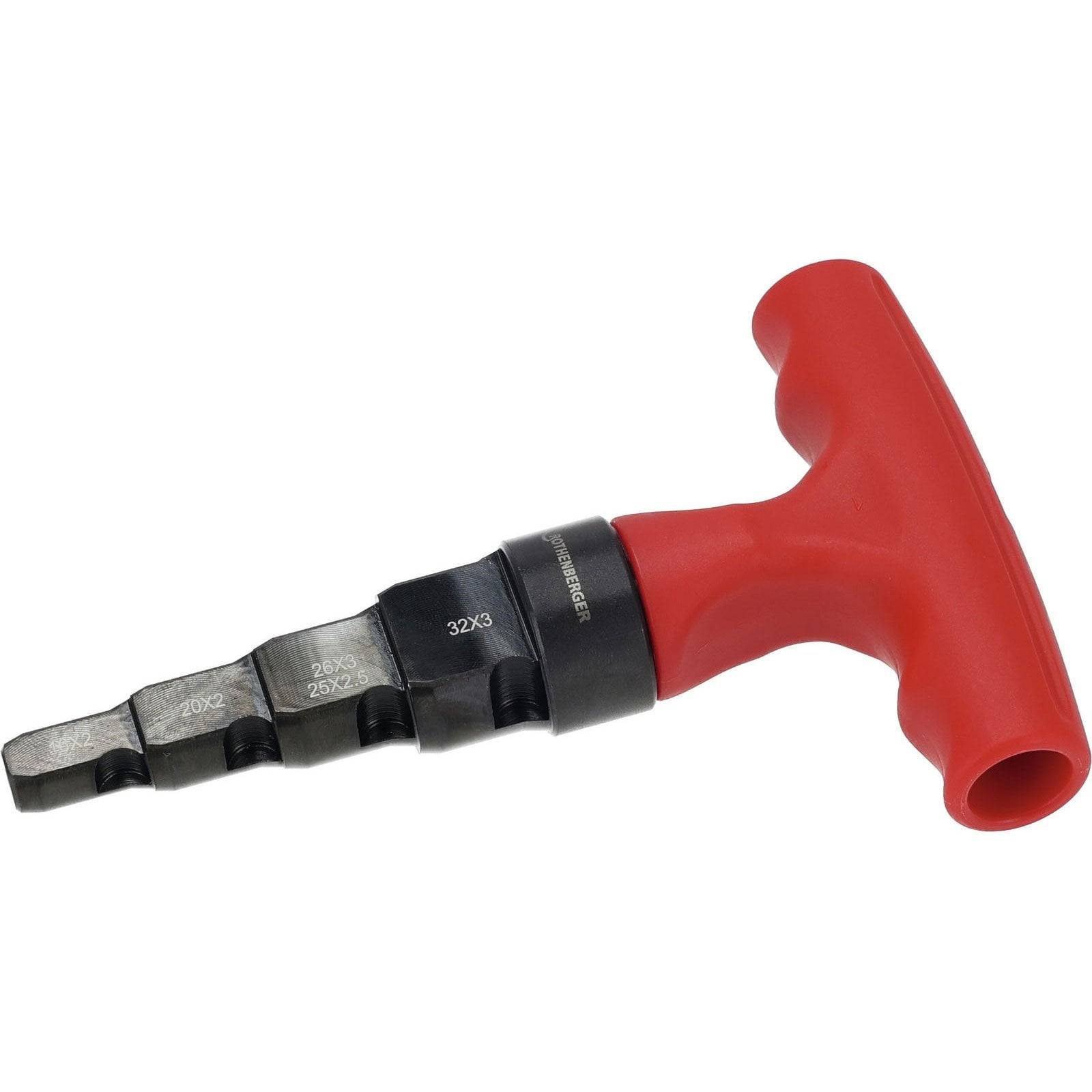 Ein rot-gegriffenes Werkzeug mit vier markierten Keilanbindungen für präzise Schlüsselmessungsanpassungen, entwickelt für exakte Ausrichtungs- oder Abstimmungsaufgaben.