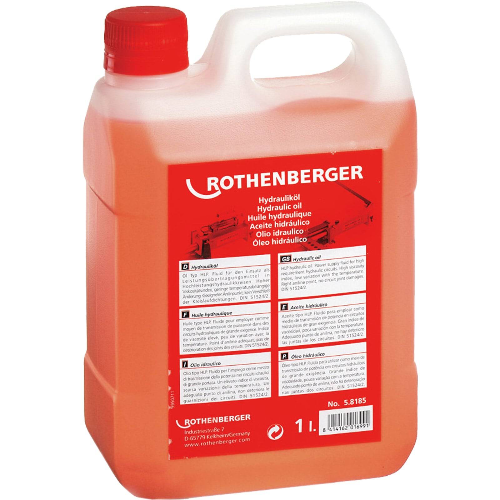 Ein roter Ein-Liter-Behälter mit Rothenberger Hydrauliköl, versehen mit Produktinformationen und Sicherheitshinweisen in mehreren Sprachen auf dem Etikett.