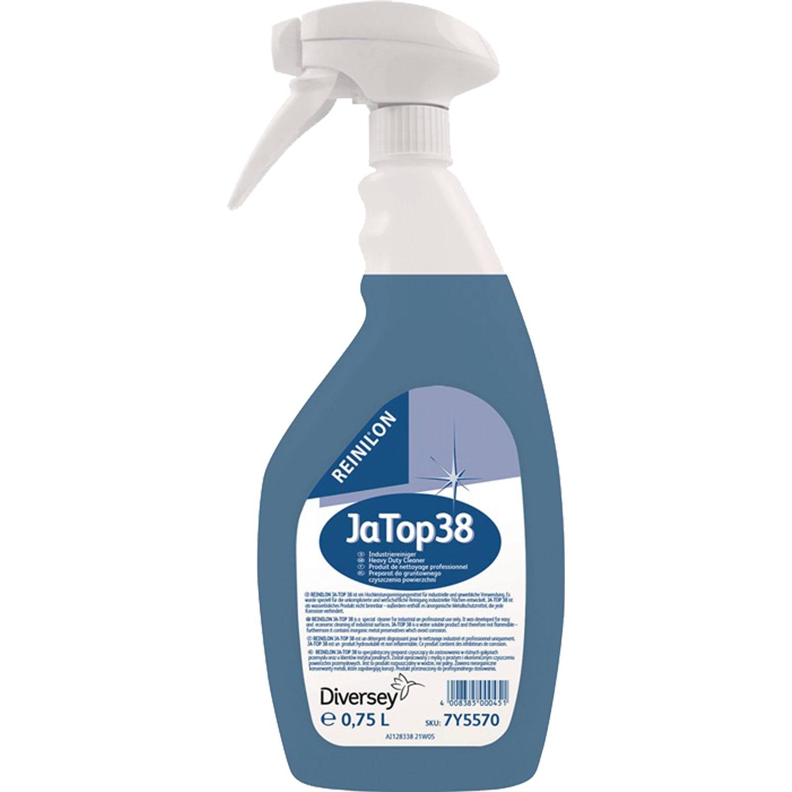 Sprühflasche mit der Aufschrift 'JaTop38', gefüllt mit Reinigungsflüssigkeit, 0,75 L. Marke 'Diversey', Produkt-ID '7Y5570'.