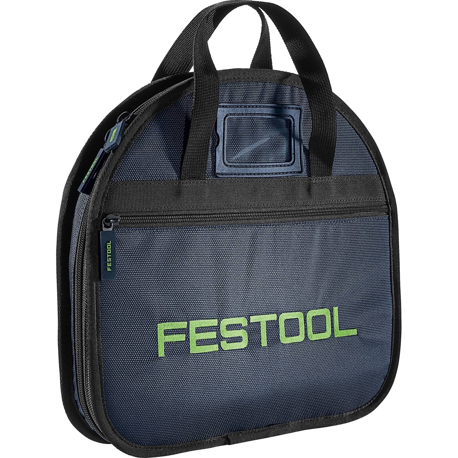 Eine runde Festool-Werkzeugtasche mit einer Reißverschlusstasche an der Vorderseite und einem Tragegriff, mit dem grün gehaltenen Festool-Logo auf der Vorderseite.