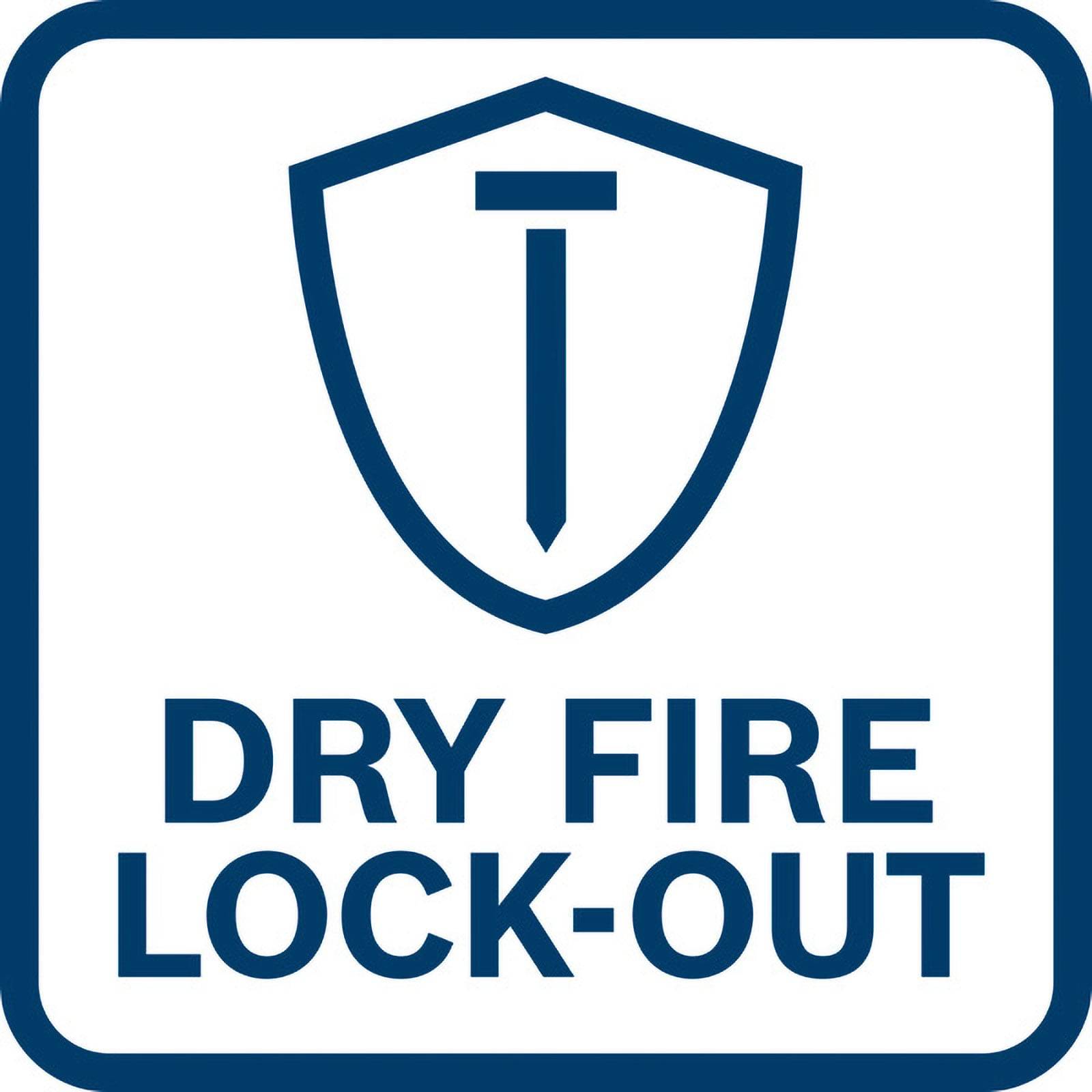 Ein Schild mit einem Symbol, das einem Nagel ähnelt, und dem Text "TROCKENFEUERSPERRE"" darunter, was auf eine Sicherheitsfunktion hinweist.