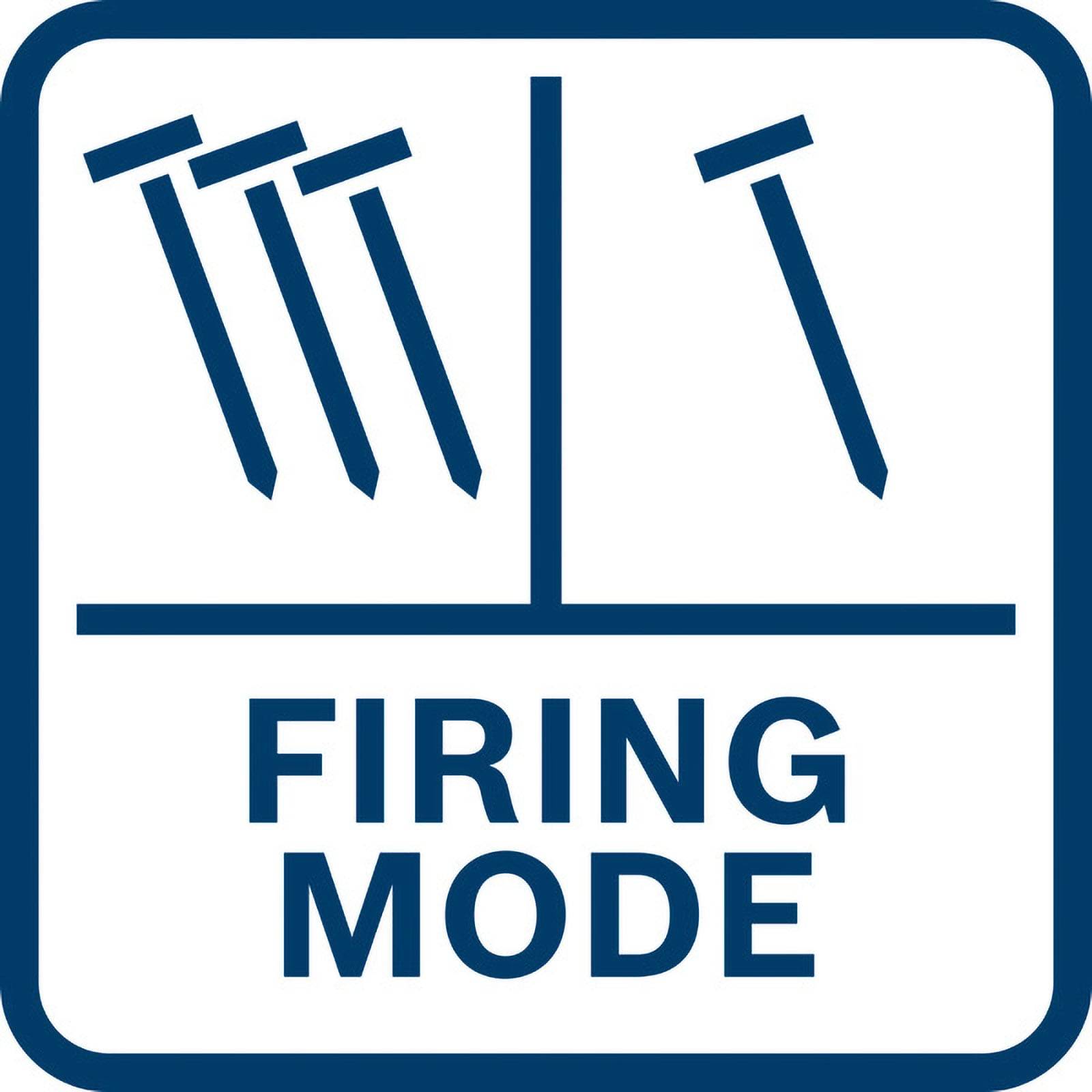 Zeichen "FEUERMODUS"" mit Symbolen: links drei diagonal angeordnete Nägel, rechts ein Nagel in vertikaler Stellung, die verschiedene Schießeinstellungen anzeigen.