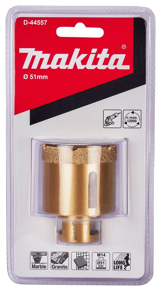 Makita D-44557 51-mm-Lochsäge in durchsichtiger Kunststoffverpackung, gekennzeichnet für Marmor und Granit, mit M14-Adapter und „LONG LIFE 2"-Symbolen.