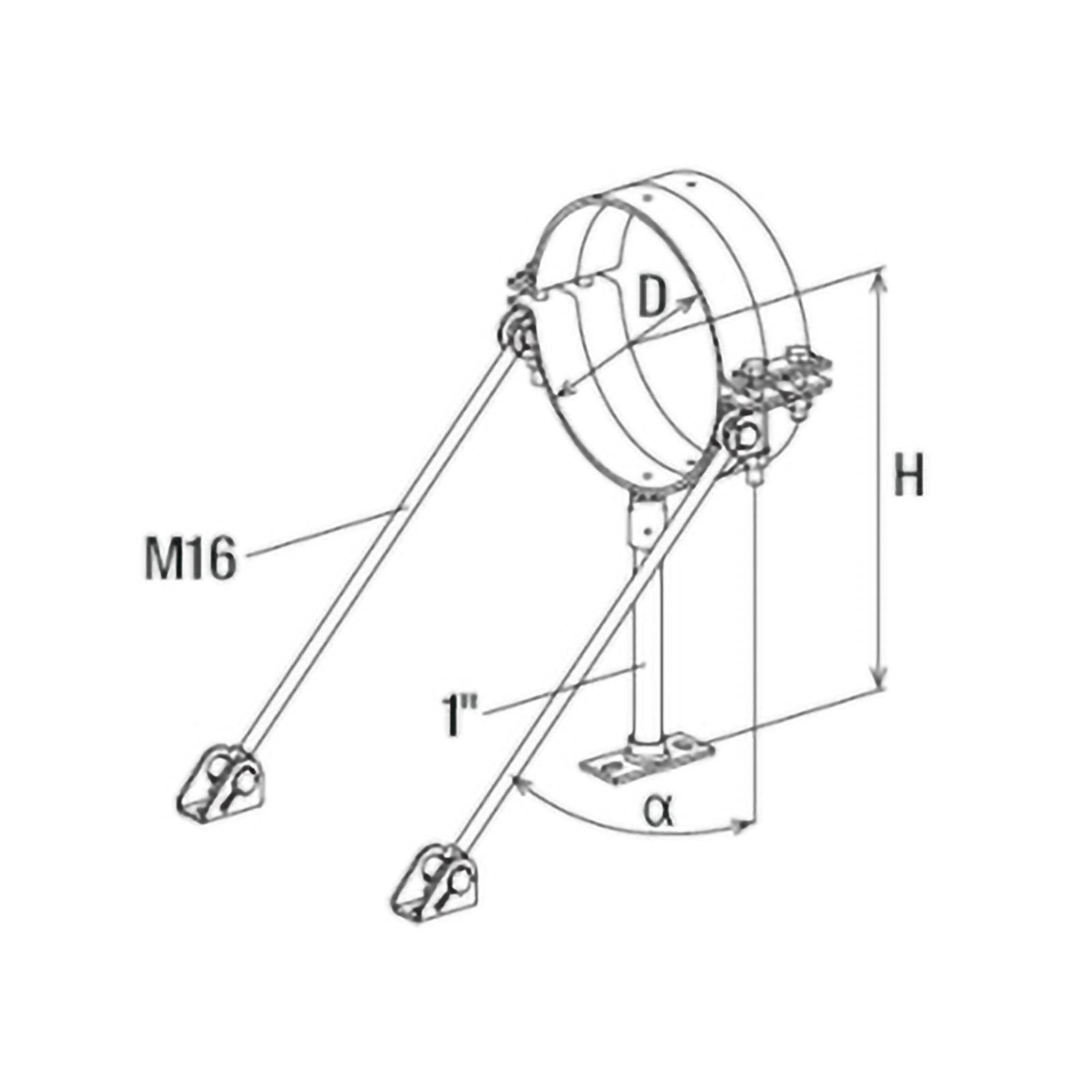 Rohrlagerdiagramm mit Abmessungen: Durchmesser (D), Höhe (H), Winkel (α), mit beschrifteten Elementen M16 und 1
