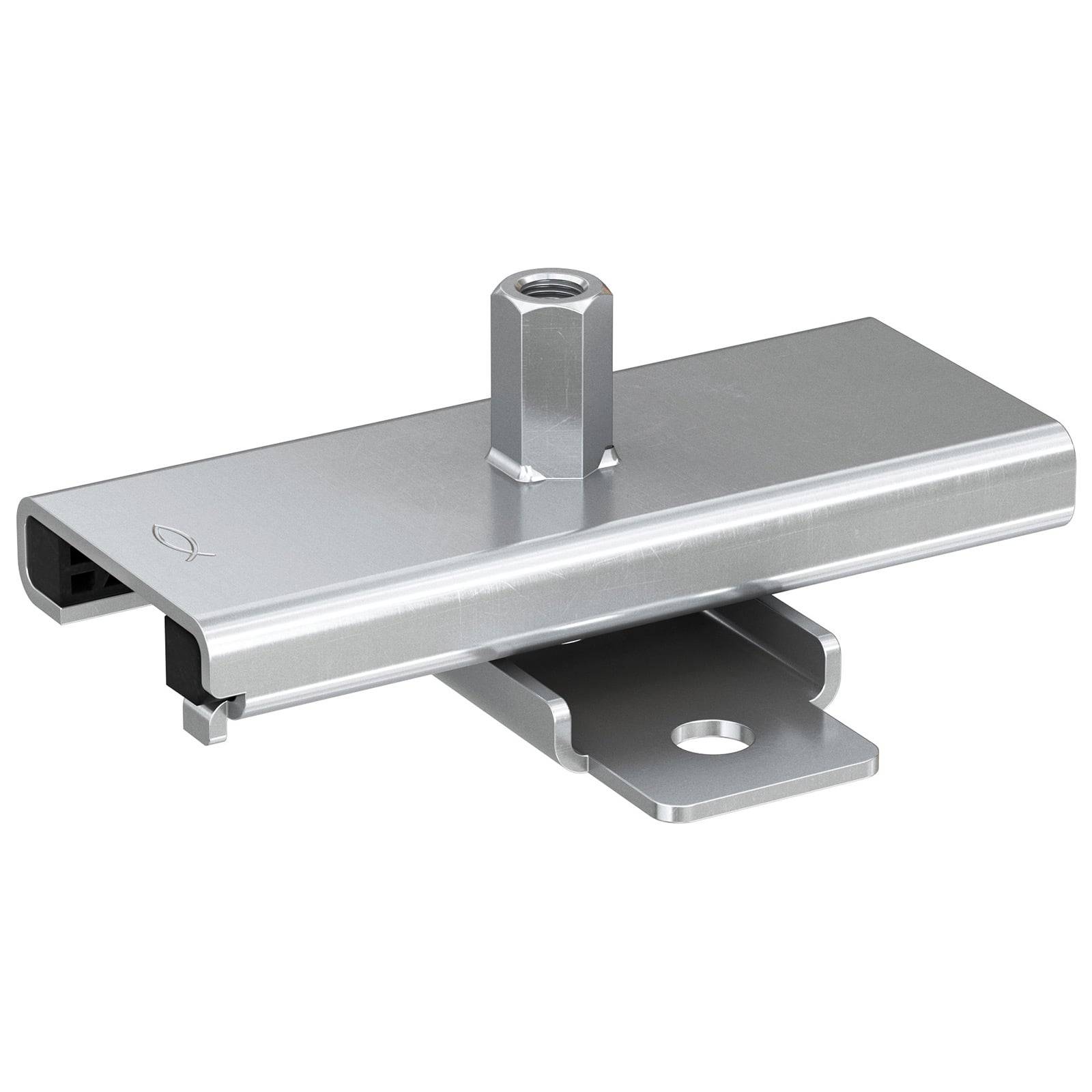 Metall-Solarmodul-Schienenbefestigungsverbinder mit rechteckiger Grundfläche und Bolzen, konzipiert zum Befestigen von Solarmodulen an Montagekonstruktionen.