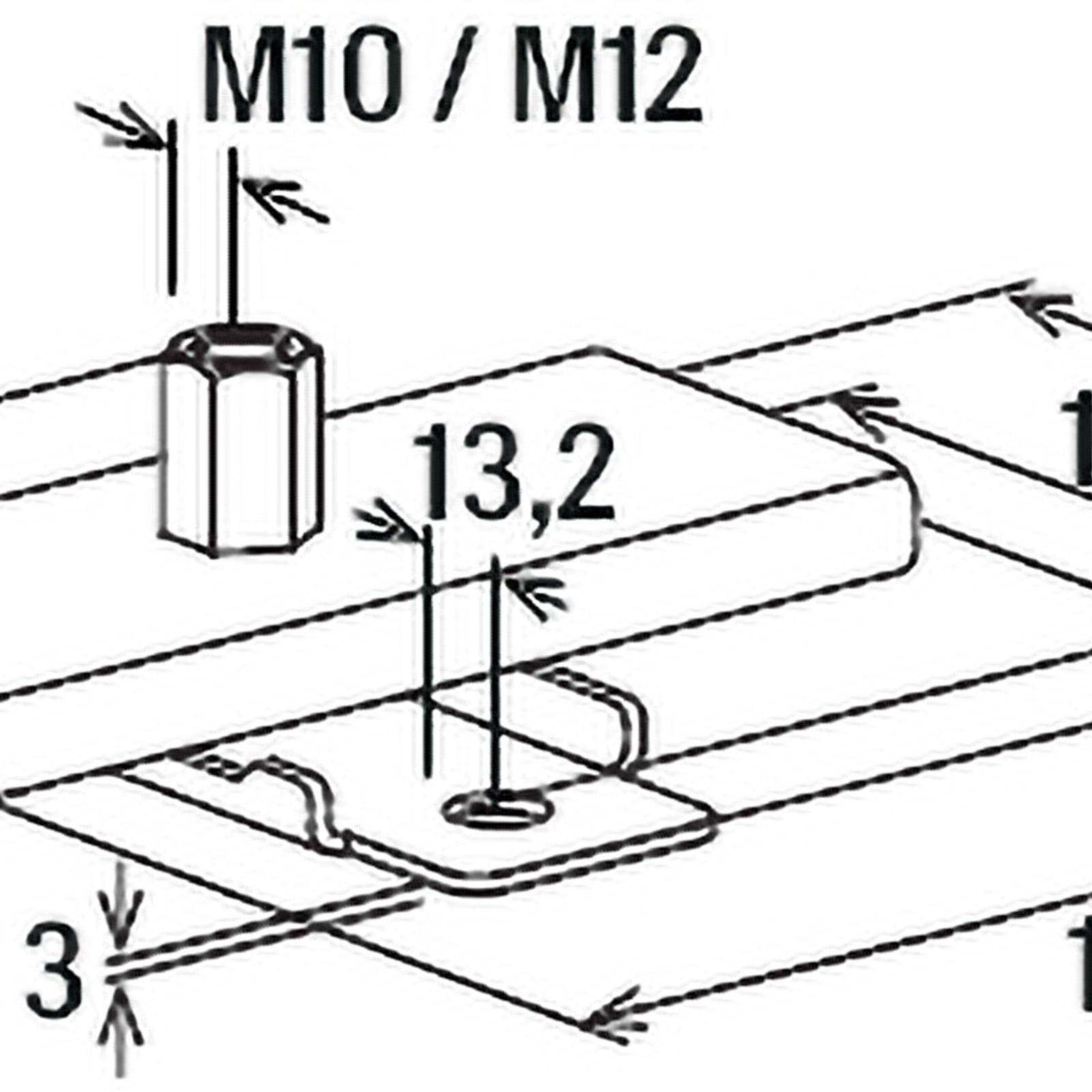 Technische Zeichnung mit Abmessungen einer Metallkomponente, die eine Bohrungsgröße von 13,2 mm zeigt, geeignet für M10/M12 Schrauben.