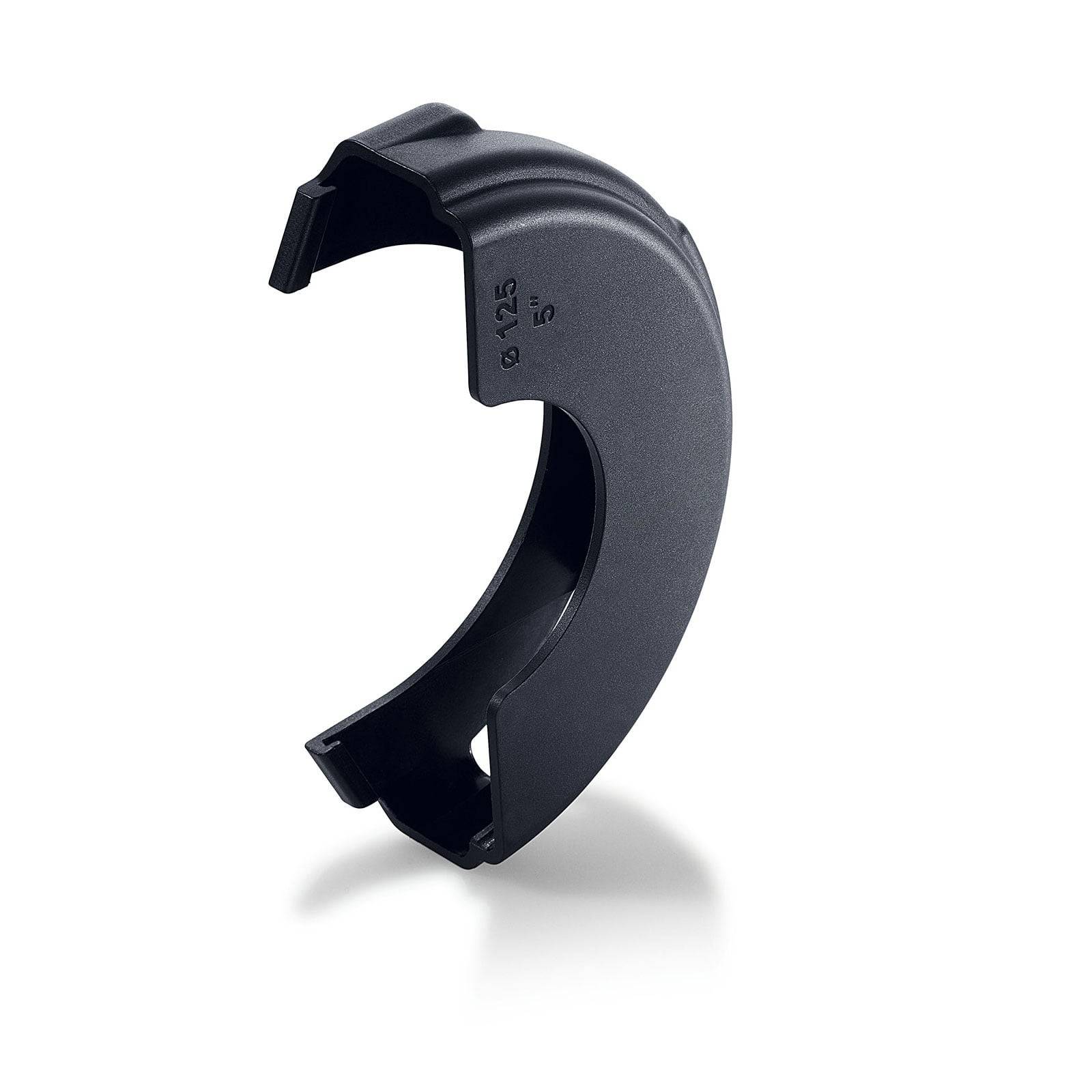 Eine schwarze Kunststoffklemme mit halbkreisförmiger Gestalt wird vor einem schlichten weißen Hintergrund präsentiert. Auf ihrer Oberfläche zeigt sie die Markierung 'Ø 175 S'.