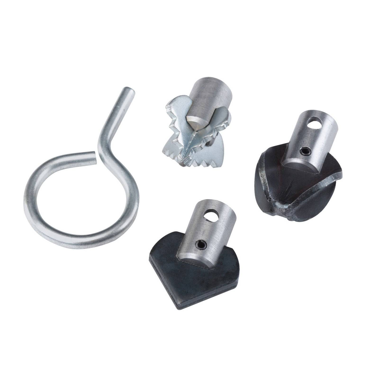 Vier Metall-Stichsägeblätter und ein Kreishaken werden vor einem weißen Hintergrund präsentiert, wobei ihr Design und ihre Funktion zum Holzschneiden hervorgehoben werden.