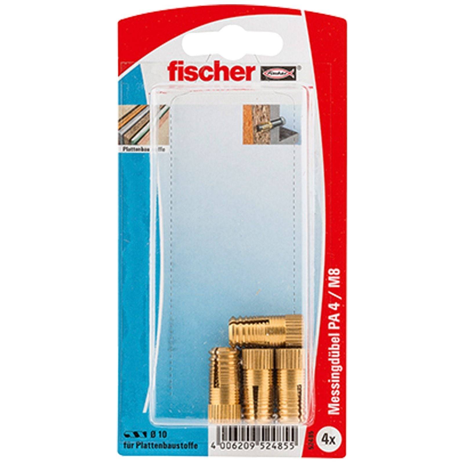 Fischer-Verpackung mit vier Messingankern, gekennzeichnet als 'Messingdübel PA 4, M8', entwickelt für den Einsatz mit Trockenbaumaterialien.