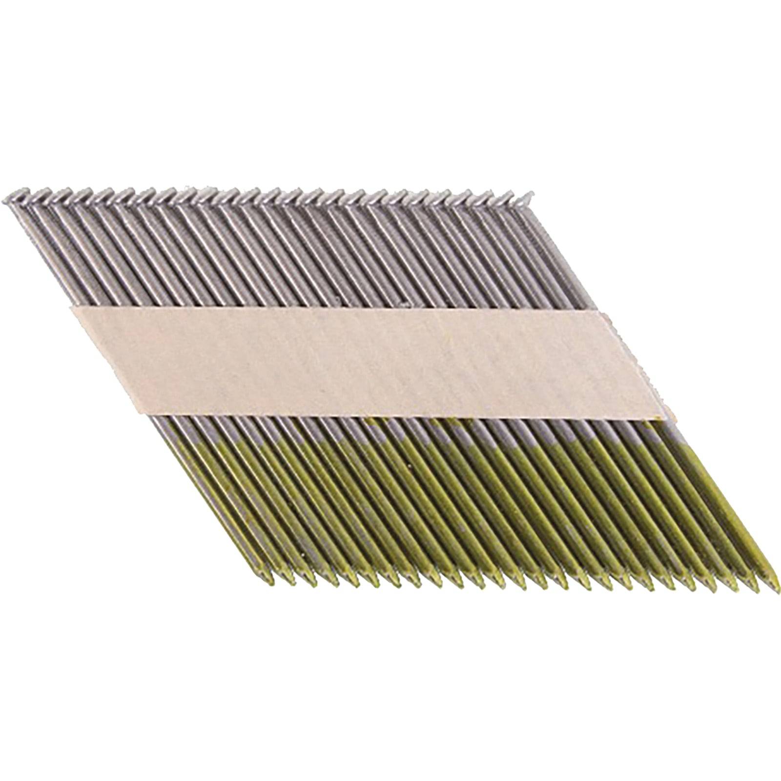 Ein Streifen von schräg angeordneten Rahmennägeln, die durch einen Papierstreifen verbunden sind, mit spitzen Spitzen und flachen Köpfen, diagonal ausgerichtet.