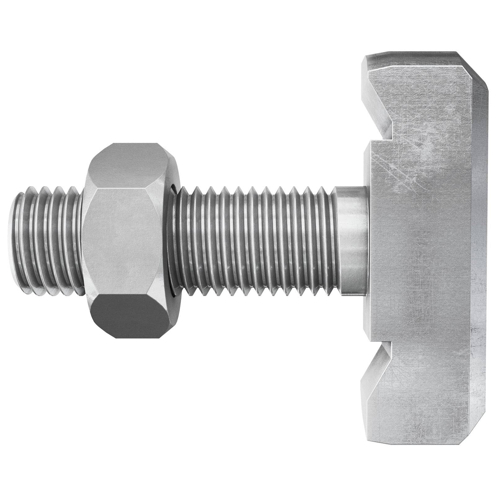 Eine metallische Gewindeschraube mit sechskantigem Kopf, die einen glatten, glänzenden Finish aufweist. Die Schraube liegt horizontal vor einem weißen Hintergrund.