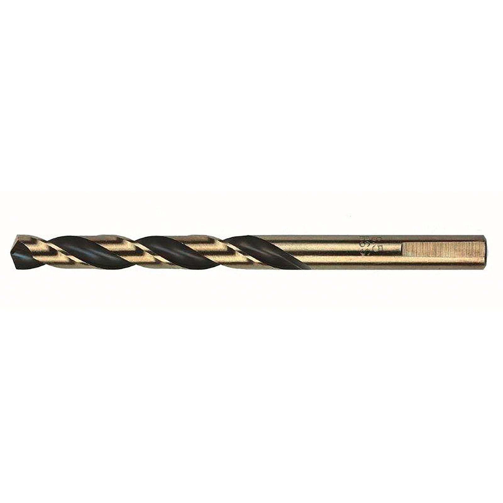 Ein schwarzer und goldener Spiralbohrer mit einer Spiralauslegung, der zum Bohren von Löchern in Materialien wie Metall oder Holz verwendet wird.