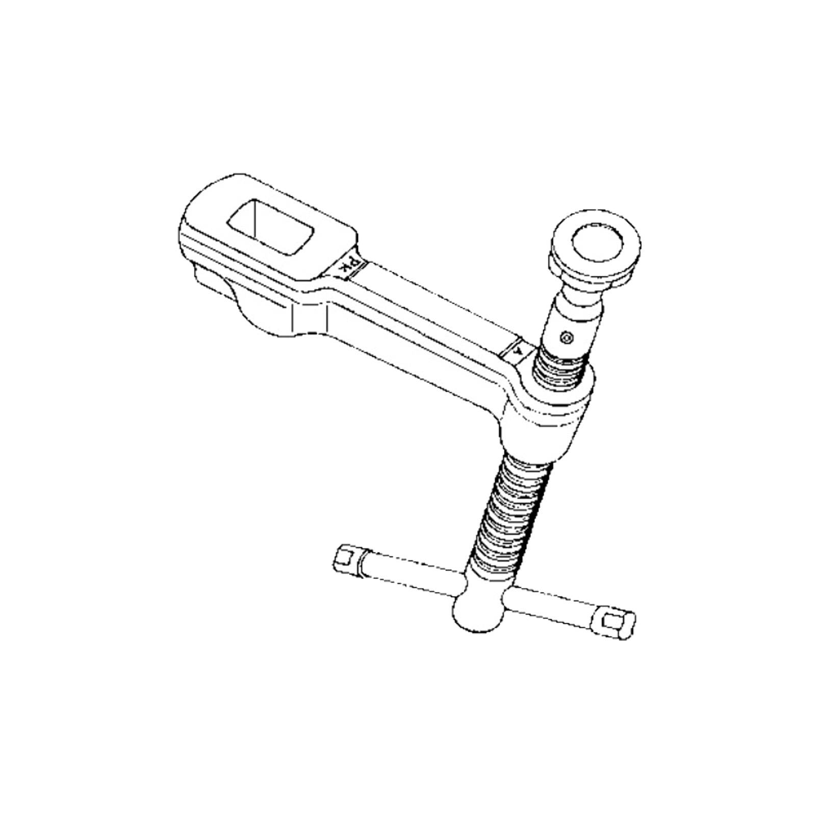 Eine technische Zeichnung einer Metallklemme mit einem Schraubenmechanismus, entwickelt zum sicheren Festhalten von Objekten. Der Griff steht senkrecht zur Schraube.
