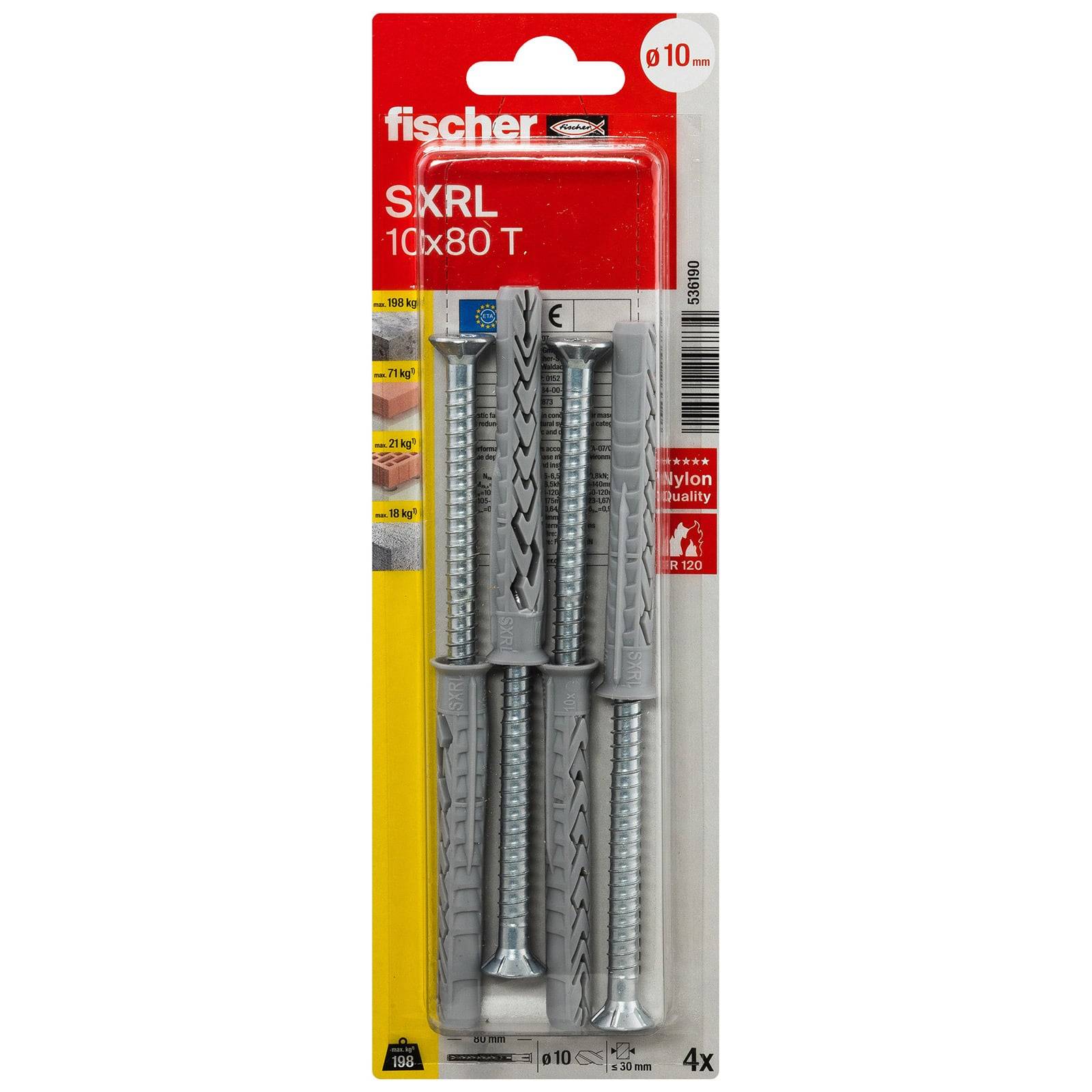 Paket mit vier Fischer SKRL 10x80 T Rahmendübeln aus Nylon mit grauen Stopfen, mit Produktmarke und Größendetails auf dem Etikett.