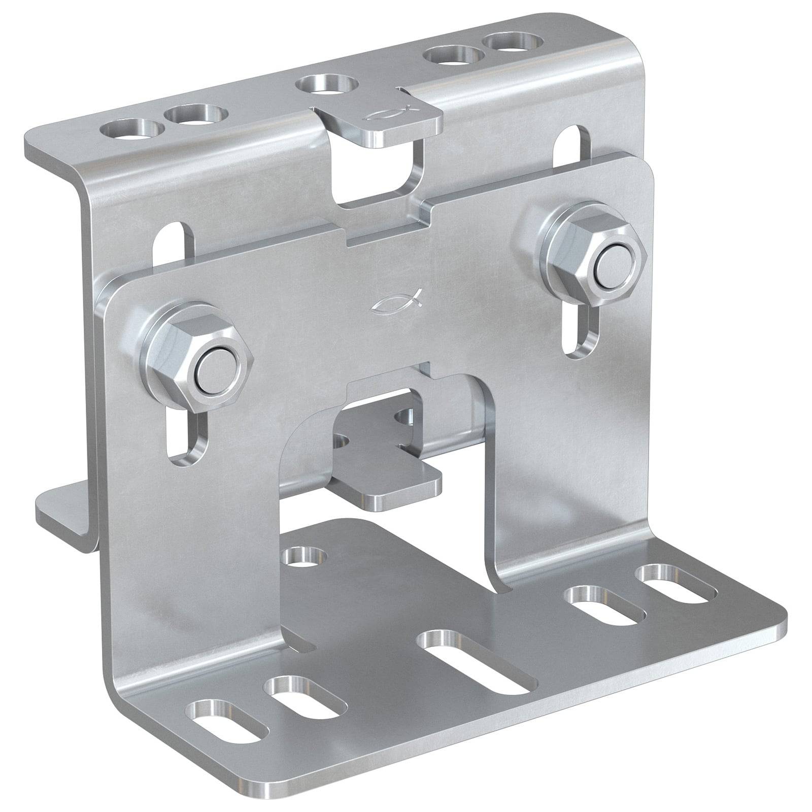 Eine Metallbefestigungshalterung mit mehreren Löchern und Schlitzen für eine anpassbare Installation, ausgestattet mit Muttern und Schrauben zum Befestigen von Komponenten.