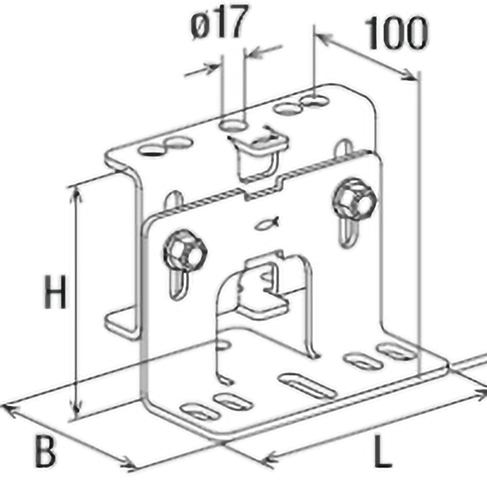 Eine technische Zeichnung eines Trägers mit markierten Dimensionen L, B und H, die ein zentrales kreisförmiges Loch mit einem Durchmesser von 17 und einer Breite von 100 zeigt.