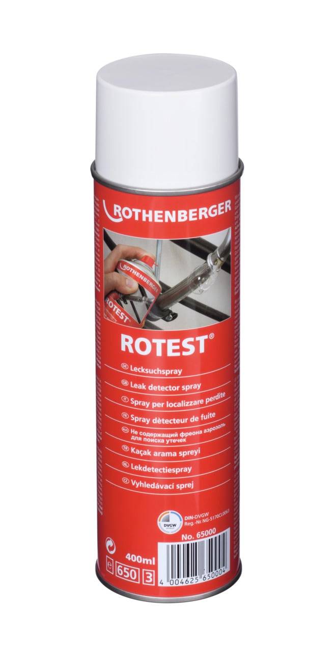 Roter Kanister mit der Aufschrift 'ROTEST', enthält Lecksuchspray von Rothenberger, mit mehrsprachigem Text, der seinen Verwendungszweck angibt.