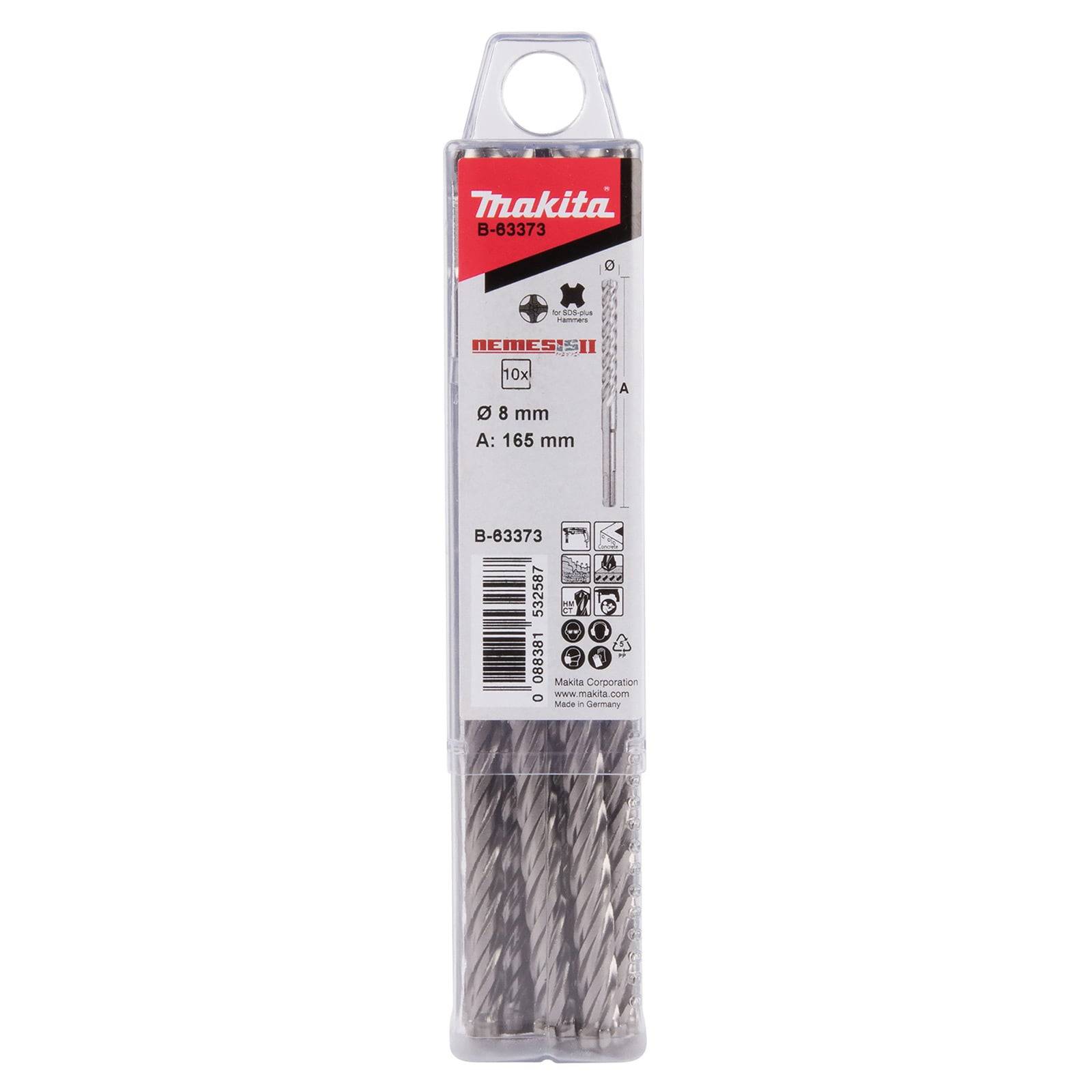 Eine Packung Makita-Bohrerspitzen, Modell B-83373, entwickelt für einen bestimmten Werkzeugtyp. Sie enthält Spezifikationen und Produktdetails auf dem Etikett.