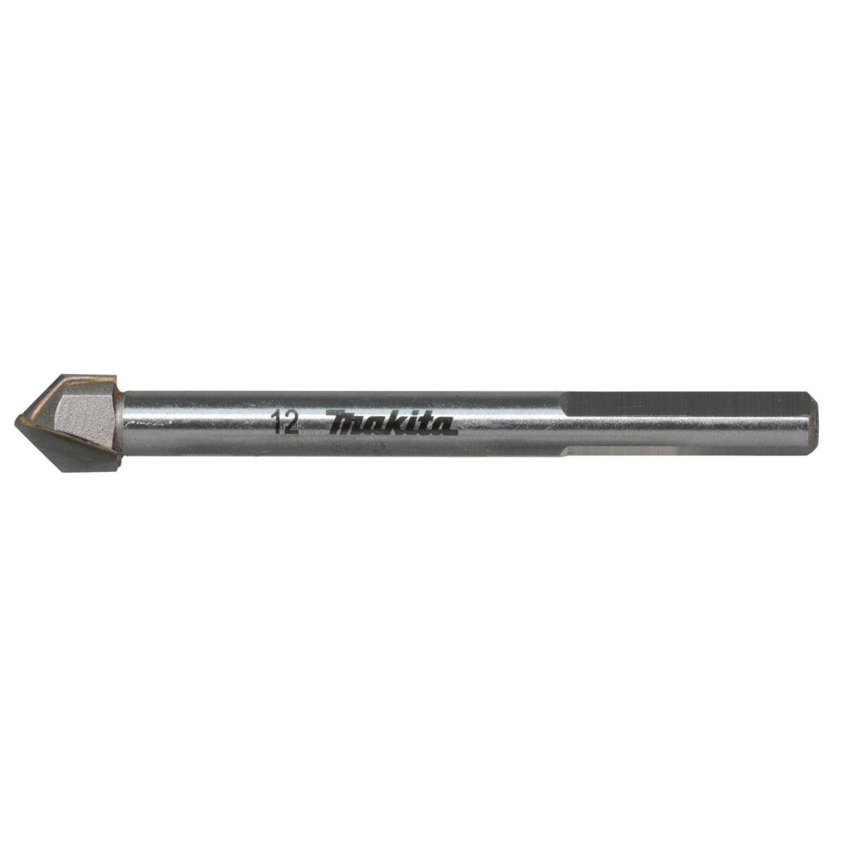 Nahaufnahme eines Makita-Bohrers mit 12 mm Durchmesser und spitzer Spitze, isoliert auf weißem Hintergrund.